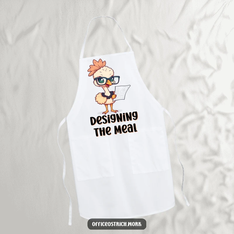 Funny ostrich wearing an apron and oversized glasses, studying a blueprint, ready for precise cooking.
