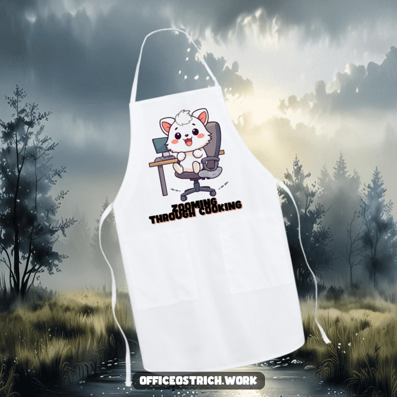 Funny cheerful fuzzy round animal character zooming on an office chair while wearing a chef's hat, on a practical kitchen apron. Hilarious cooking accessory.