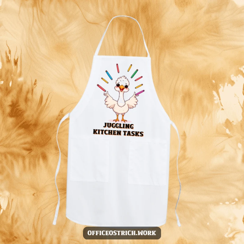 Funny cheerful ostrich juggling pens, this apron adds creative humor to kitchen tasks.