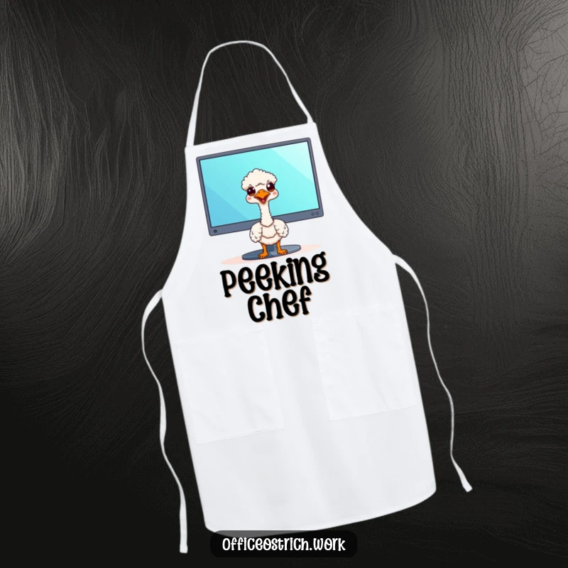 Funny kawaii ostrich peeking from behind kitchen supplies, this apron brings humor to cooking.