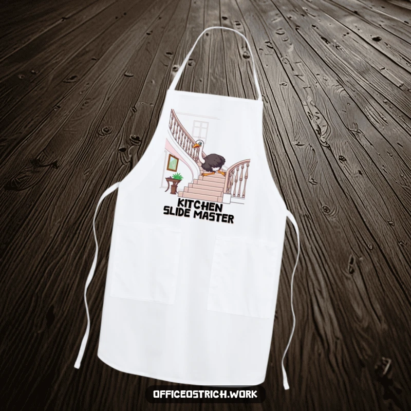 Funny ostrich wearing an apron, sliding down an office banister with a chef's hat, adding humor to cooking.