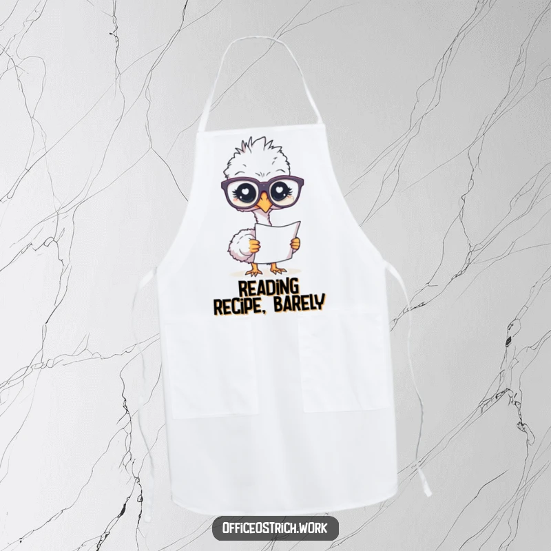 Funny apron depicting an ostrich in oversized glasses, diligently studying a document, adding a smart touch to the kitchen.