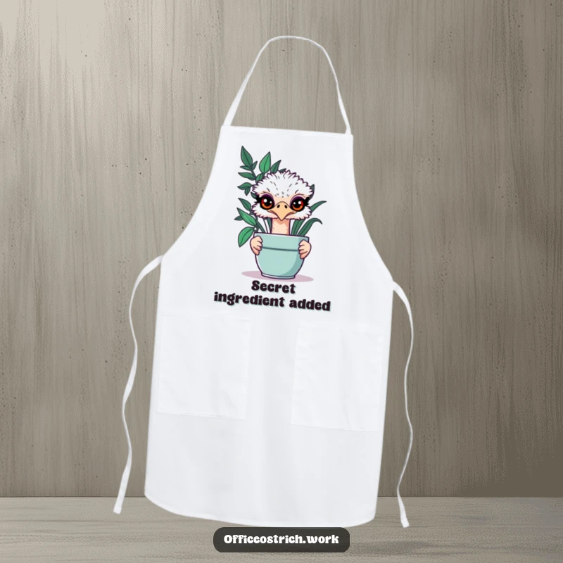 Funny ostrich wearing an apron, peeking with mischievous eyes from behind a potted plant, ready for kitchen fun.