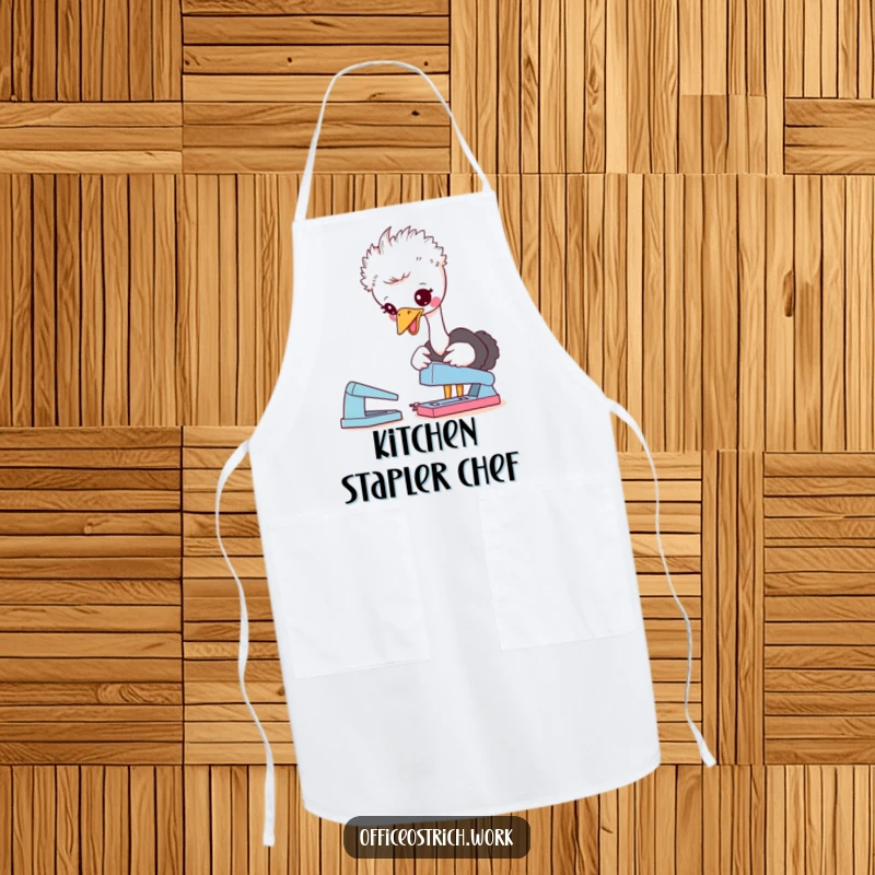 Funny apron featuring a cute ostrich character playfully pecking at a stapler, ideal for a humorous and functional kitchen or office experience.