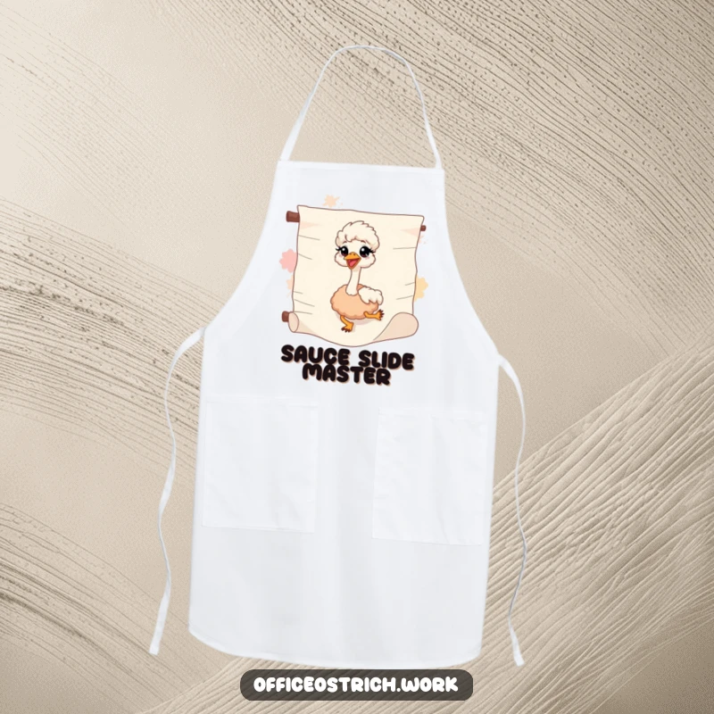 Funny ostrich sliding down a scroll on an apron, adding adventurous humor to kitchen tasks.