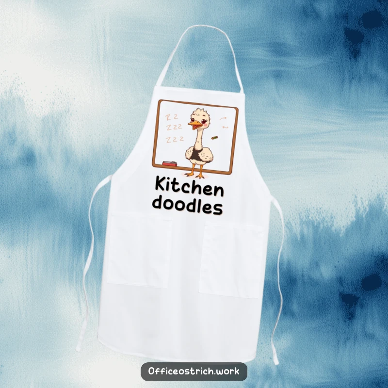 Funny ostrich excitedly scribbling on a whiteboard with a tiny crayon, a humorous and practical apron for the kitchen.