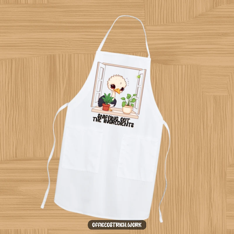 Funny apron showcasing a curious ostrich character sniffing a potted plant, perfect for adding personality to the kitchen.