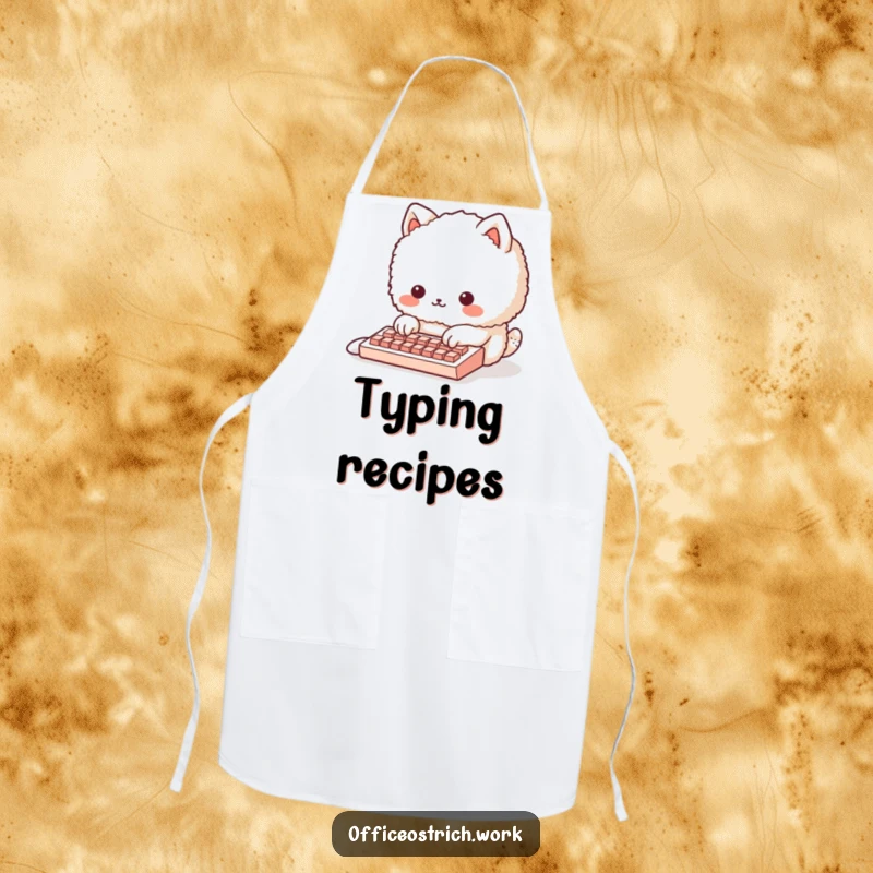 Funny fluffy round animal character struggling with a tiny keyboard while wearing a chef's hat, on a practical kitchen apron. Hilarious tech accessory.