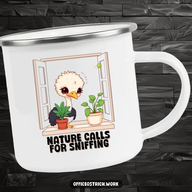 Funny camping mug with a curious ostrich character sniffing a plant, ideal for outdoor enthusiasts who love to explore.