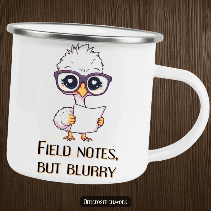 Funny camping mug with an ostrich in large glasses studying a document, perfect for intellectual outdoor enthusiasts.