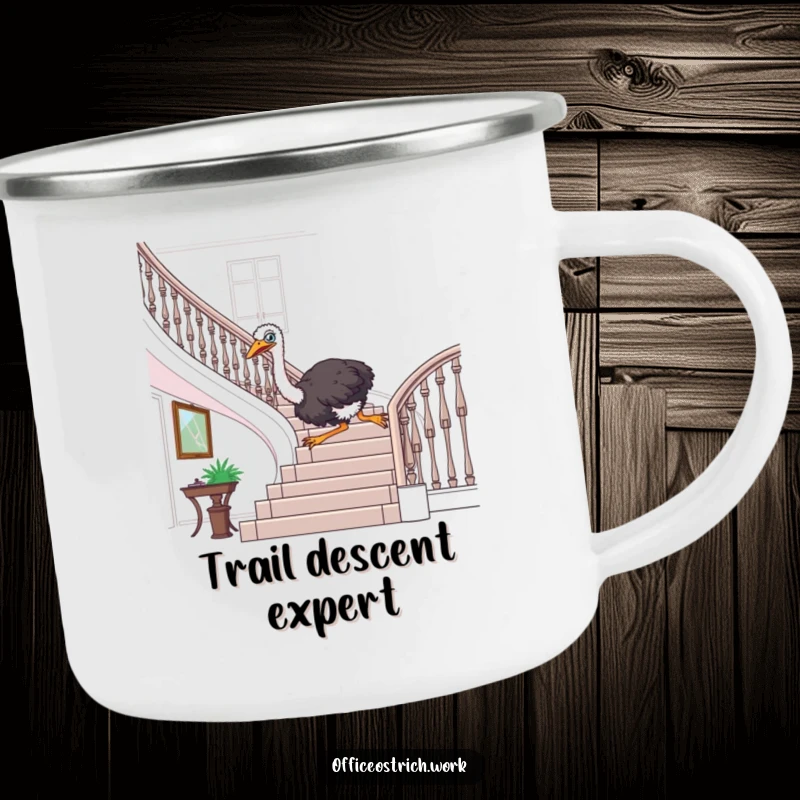 Funny ostrich sliding down an office banister on a durable camping mug, celebrating adventure and humor.