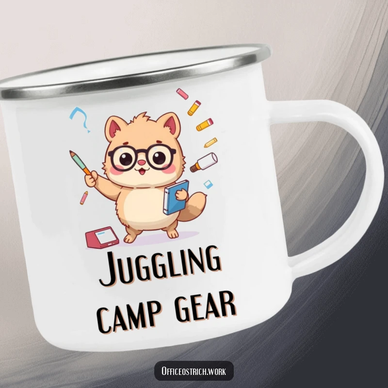 Funny fuzzy round animal character juggling office supplies, printed on a sturdy camping mug. Ideal for outdoor enthusiasts who love a laugh.