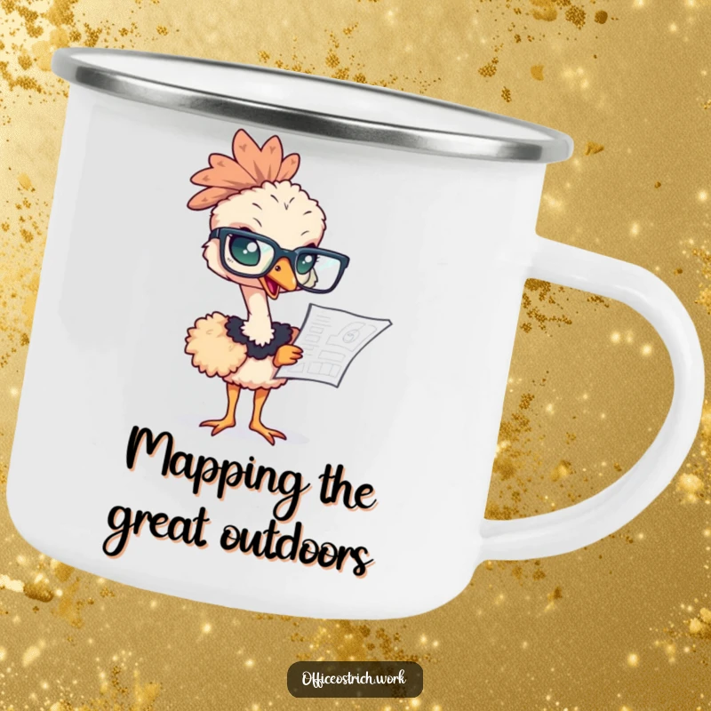 Funny ostrich wearing oversized glasses, studying a blueprint on a durable camping mug, celebrating focus.