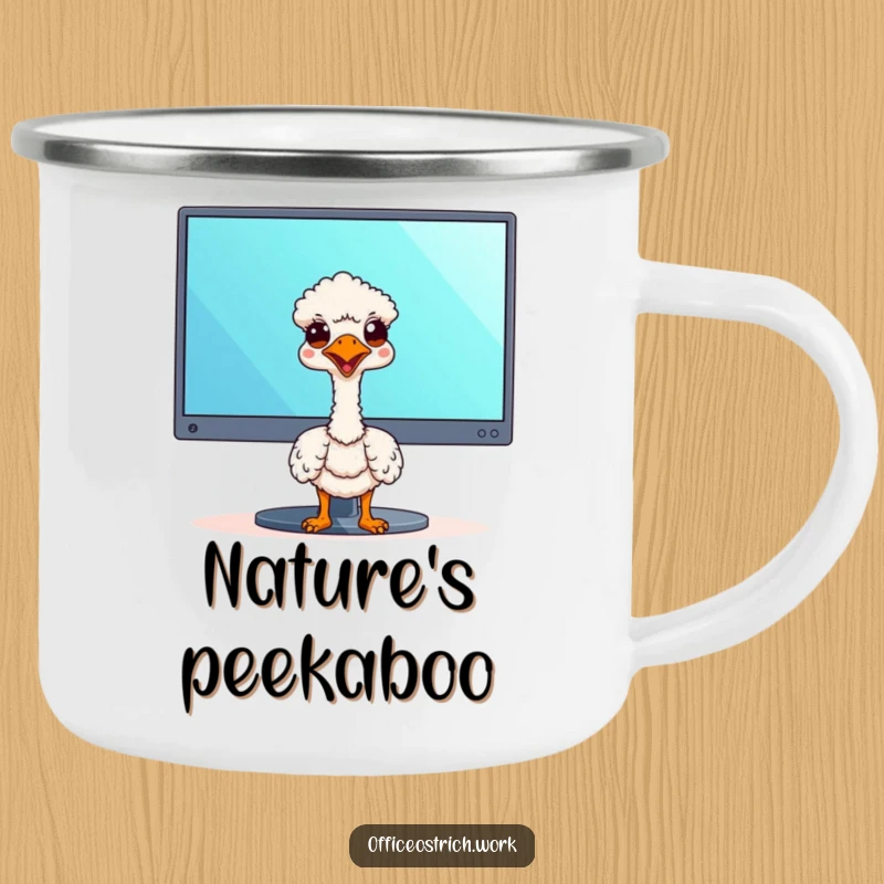 Funny kawaii ostrich peeking from behind a camping mug, ready for adventure with a humorous touch.