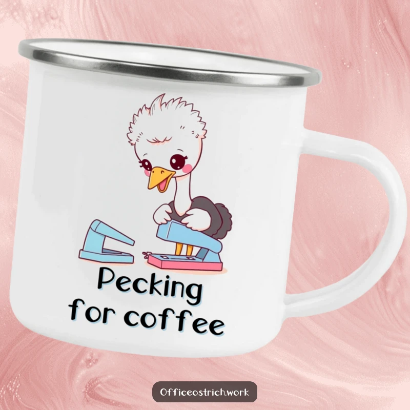 Funny camping mug with a cute ostrich character playfully pecking at a stapler, perfect for enjoying beverages during office-themed outdoor breaks.