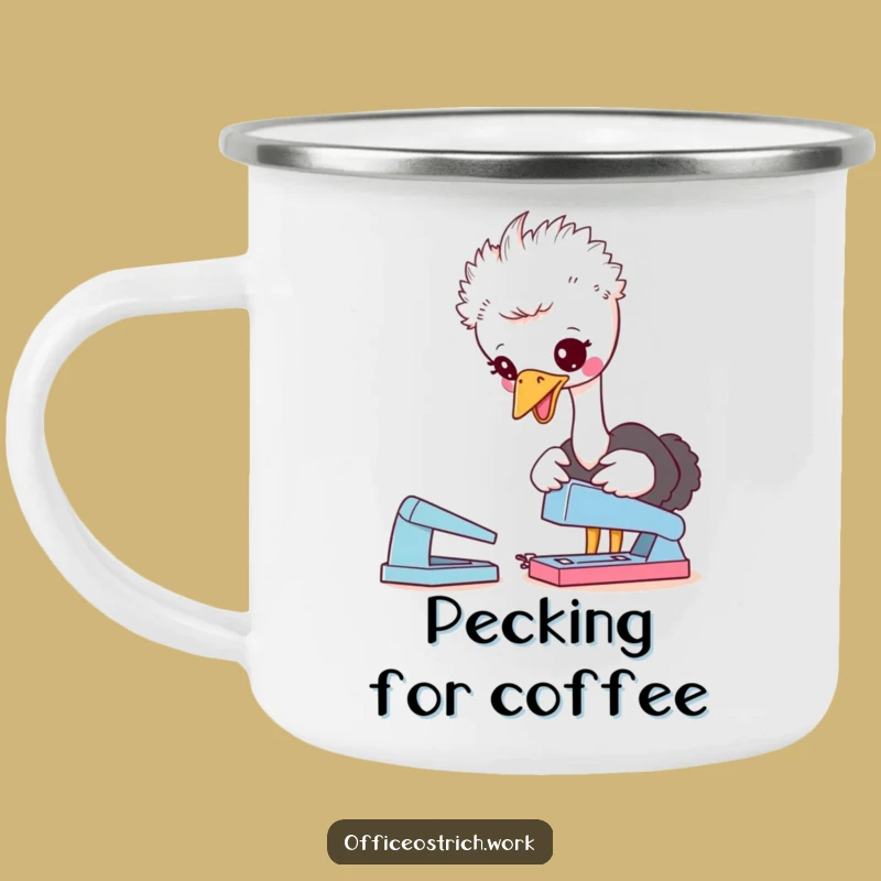 Funny Ostrich Stapler Camping Mug: Office Break Humor & Adventure