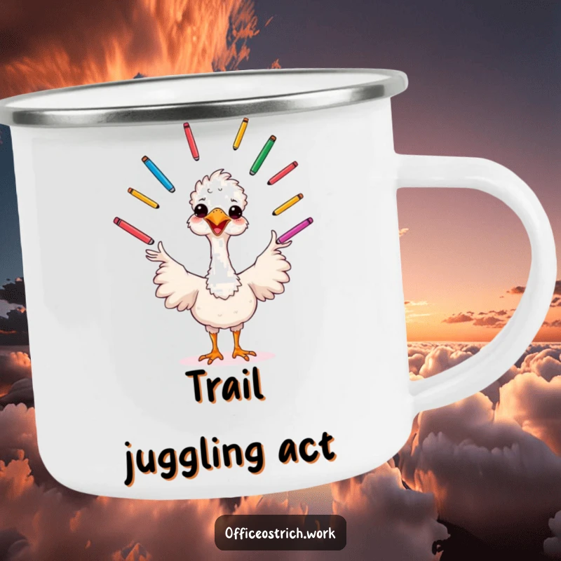 Funny cheerful ostrich juggling pens on a durable camping mug, radiating creative fun.