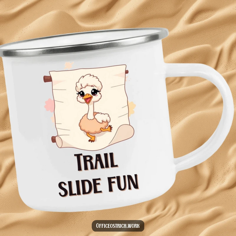 Funny ostrich sliding down a scroll on a camping mug, ready for adventures with a humorous twist.