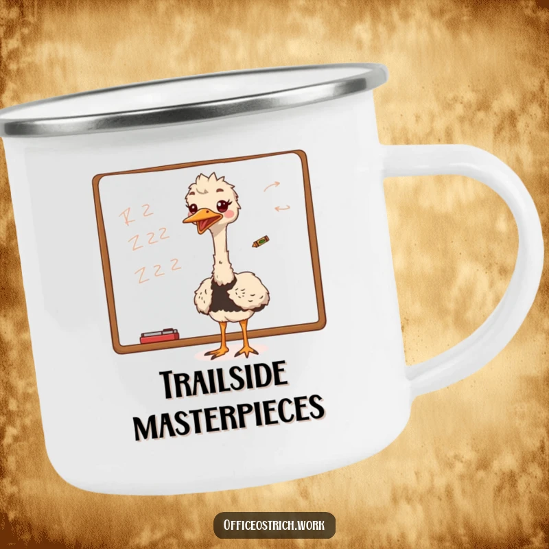 Funny ostrich excitedly scribbling on a whiteboard with a tiny crayon, ready for adventure on this camping mug.