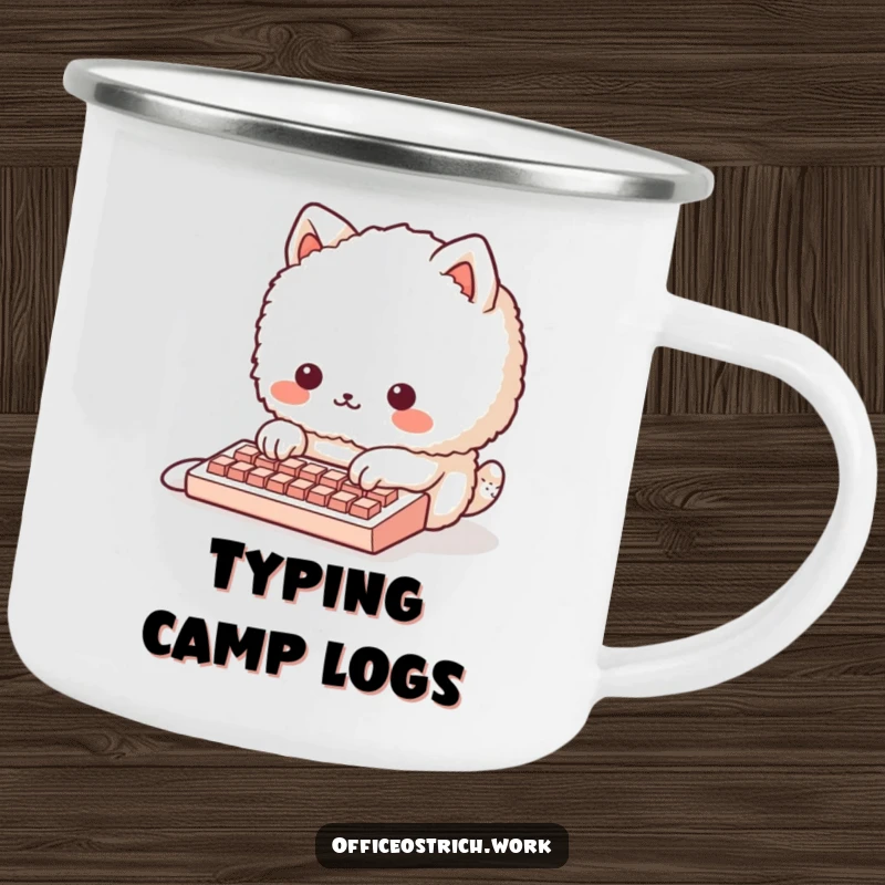 Funny fluffy round animal character attempting to use a tiny keyboard, printed on a sturdy camping mug. Ideal for tech-loving adventurers.