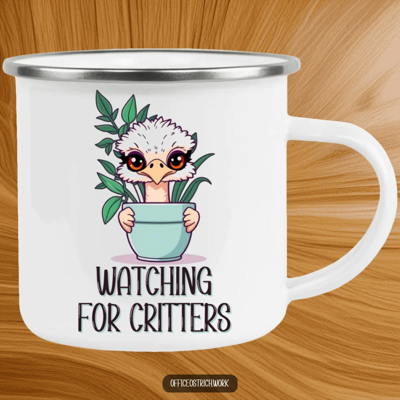 Funny ostrich peeking with mischievous eyes from behind a potted plant on a durable camping mug.