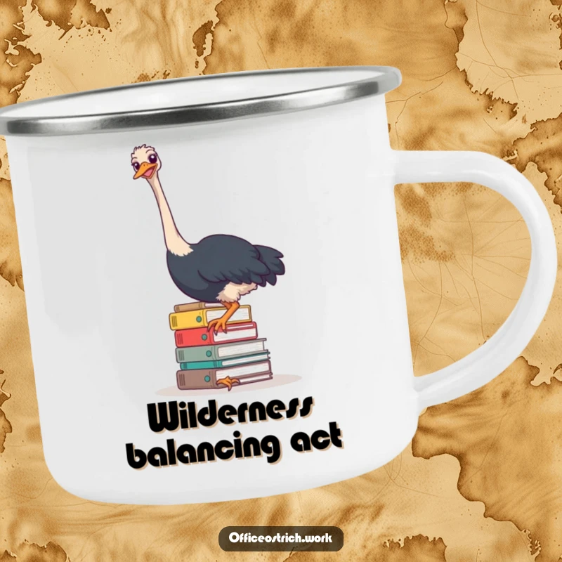 Funny ostrich attempting to balance a huge pile of files while sitting around a campfire on a durable camping mug.