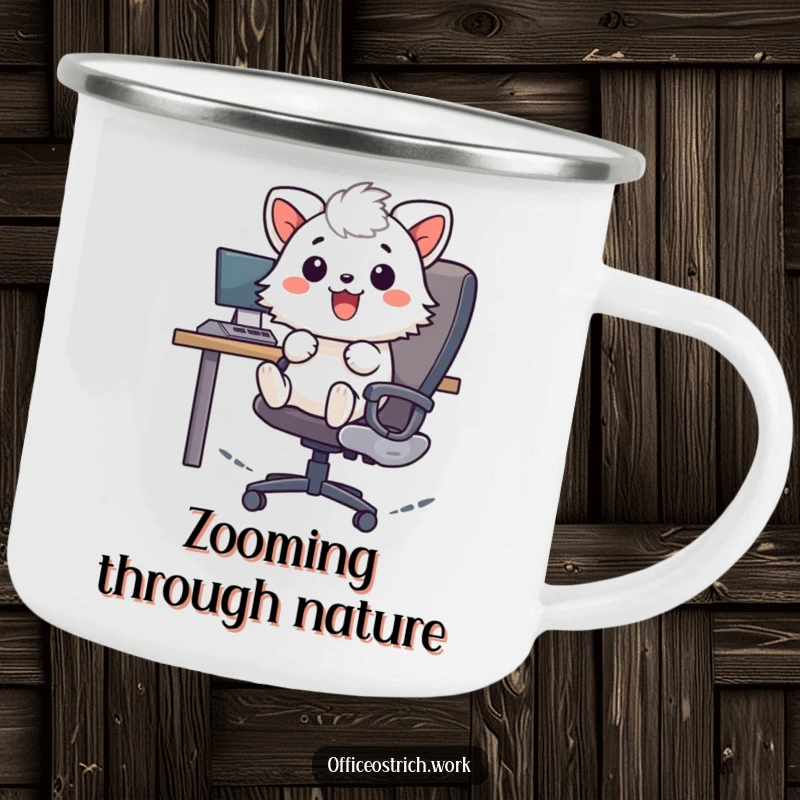 Funny cheerful fuzzy round animal character zooming on an office chair, printed on a sturdy camping mug. Ideal for active campers.