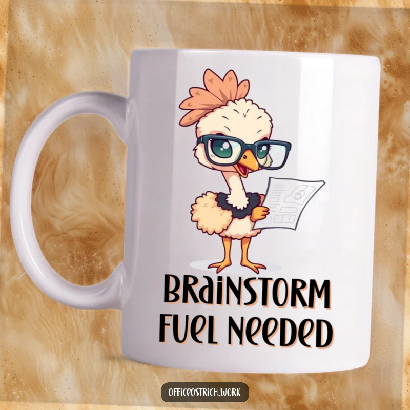 Funny ostrich wearing huge glasses, intensely studying a complex blueprint on this humorous mug.
