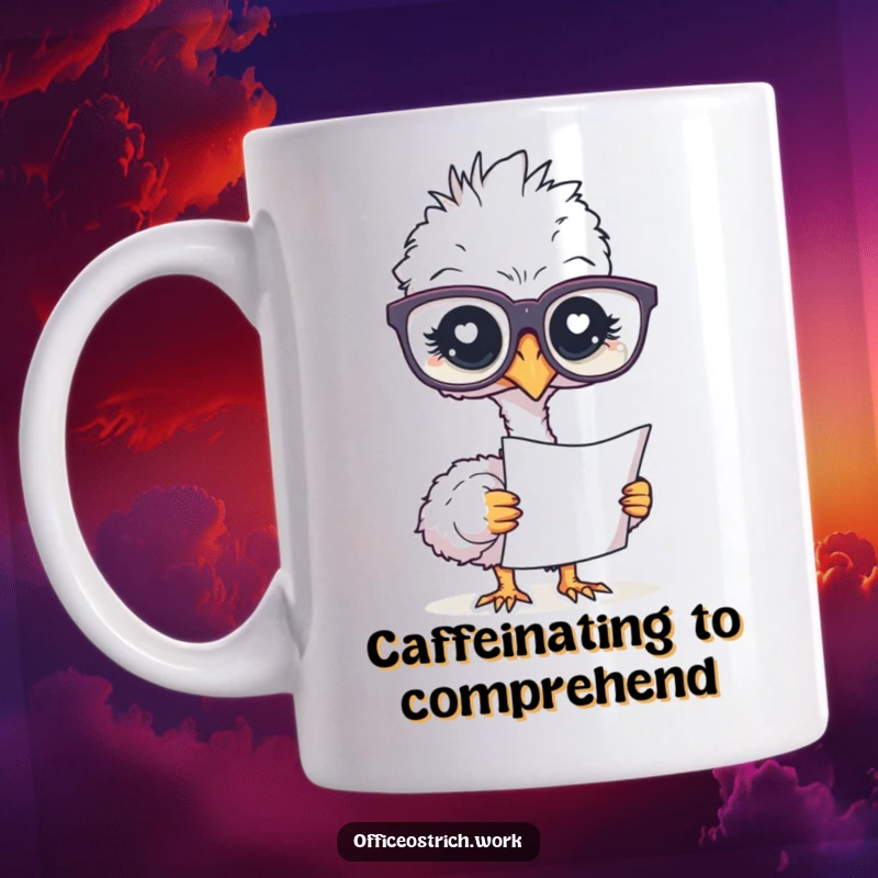 Funny mug featuring an ostrich in oversized glasses intently studying a document, looking intellectual and slightly bewildered.