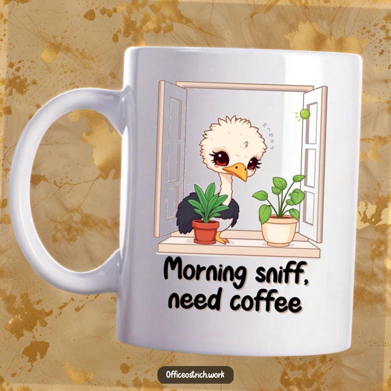 Funny mug showcasing a curious ostrich character intently sniffing a potted plant on a windowsill, exploring the world.