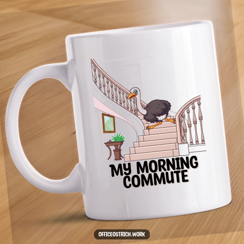 Funny ostrich gleefully sliding down a grand office banister on this humorous mug, embodying office fun.