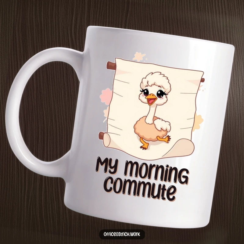 Funny ostrich happily sliding down a large abstract paper scroll, embodying a carefree and humorous spirit.