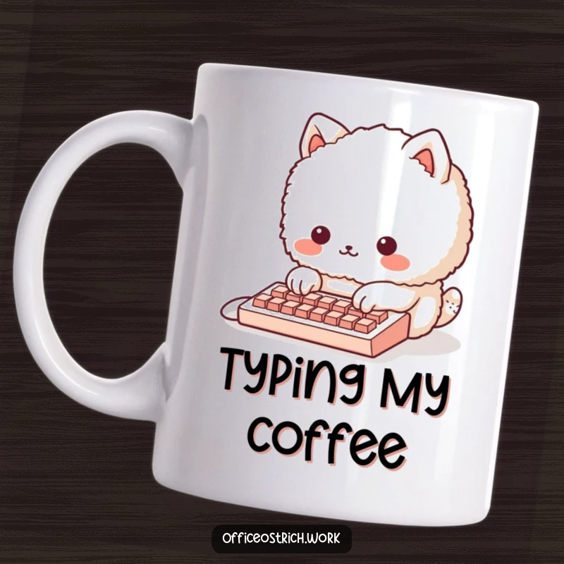 Funny fluffy round animal character with paws on a comically tiny keyboard, on a coffee mug. Whimsical and tech-themed humor.