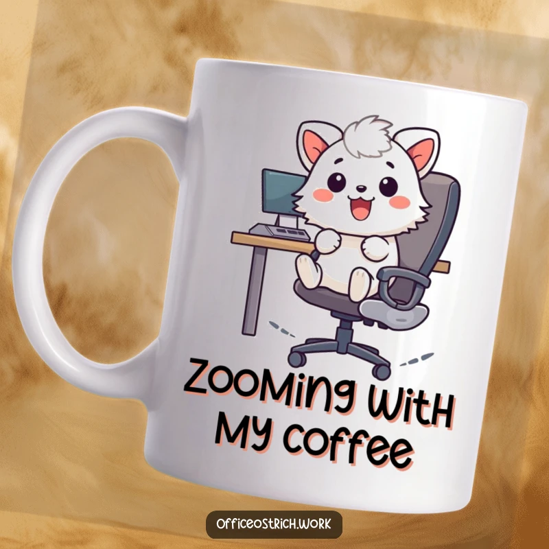 Funny cheerful fuzzy round animal character joyfully zooming around on an office chair, on a coffee mug. Whimsical and high-energy humor.