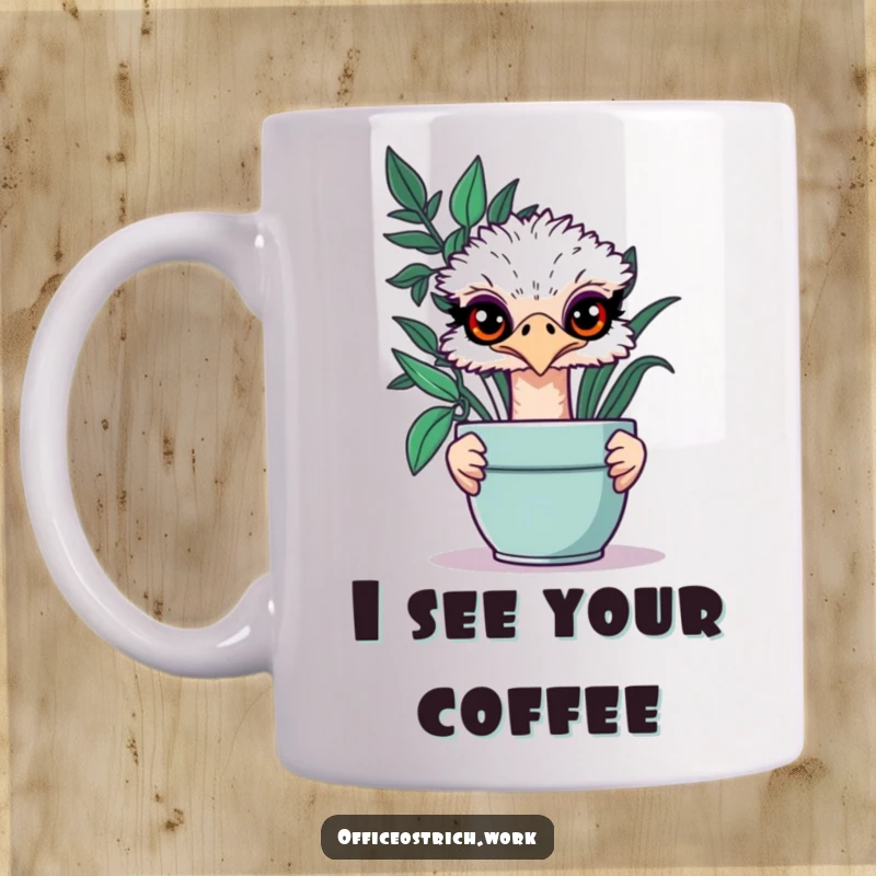 Funny ostrich with mischievous eyes peeking from behind a large potted plant on this humorous mug.