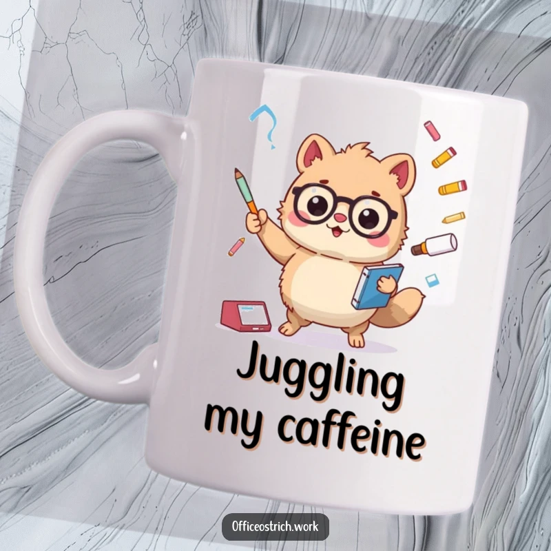 Funny fuzzy round animal character comically juggling oversized pens, stapler, and paper clips on a coffee mug. Whimsical office humor.