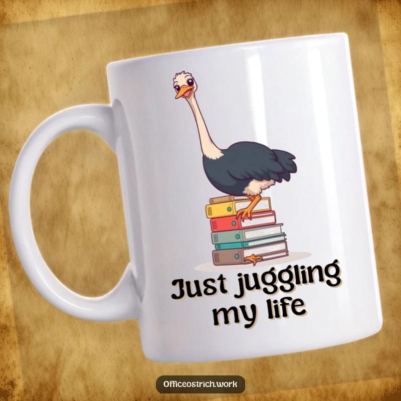 Funny ostrich struggling to balance a huge, wobbly pile of office files, looking stressed but comical on this mug.