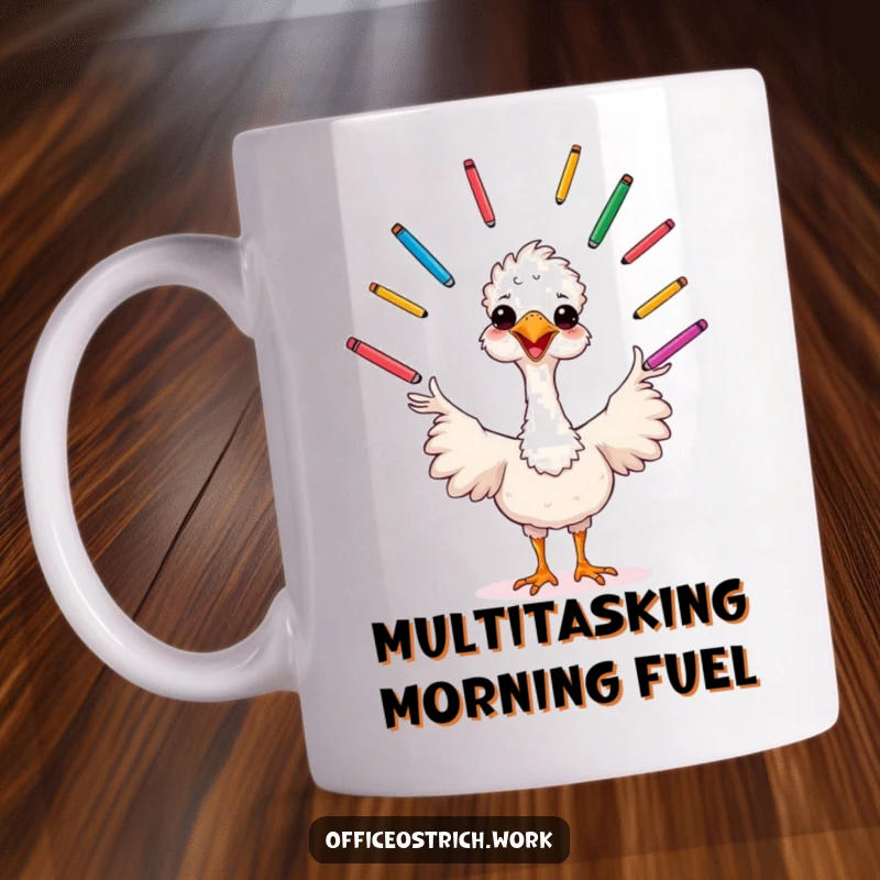 Funny cheerful ostrich juggling colorful pens, showcasing creativity and office humor on a vibrant mug.