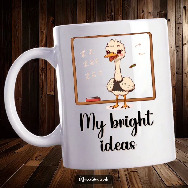 Funny ostrich excitedly scribbling on a whiteboard with a tiny crayon, showcasing artistic chaos on this mug.