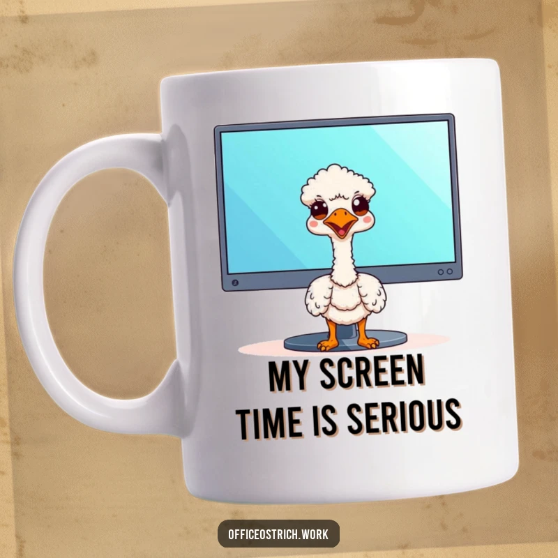 Funny kawaii ostrich peeking over a computer monitor, expressing curiosity and office humor on a ceramic mug.