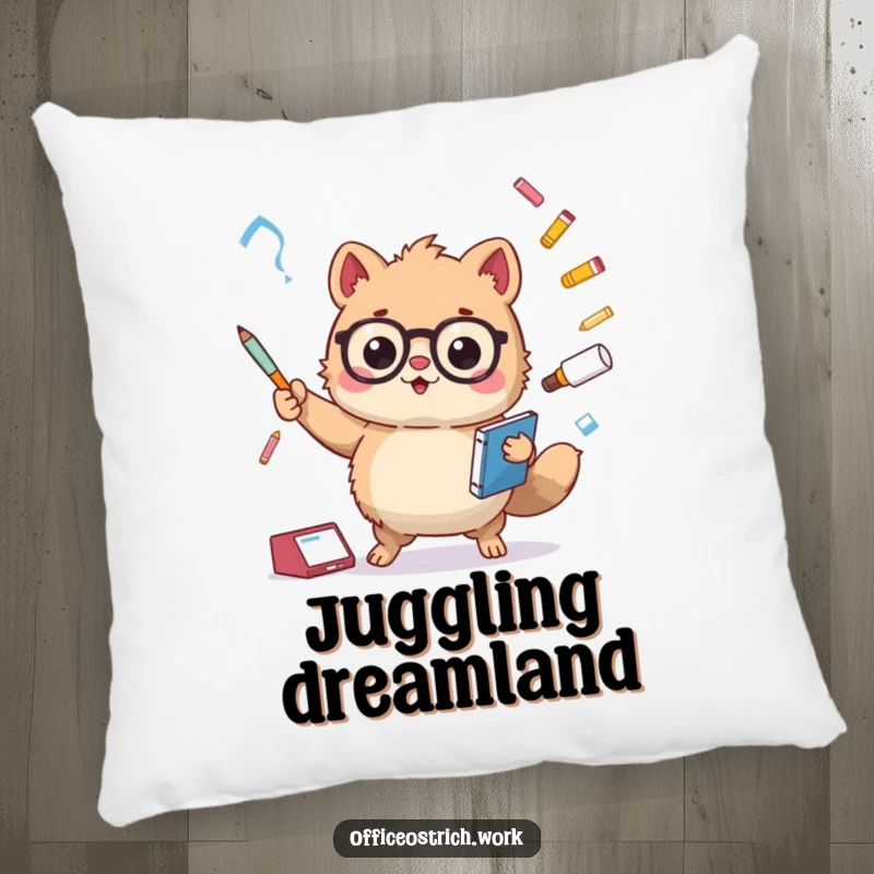 Funny fuzzy round animal character juggling oversized office items on a soft and plush pillow. Adds cozy humor to any room.