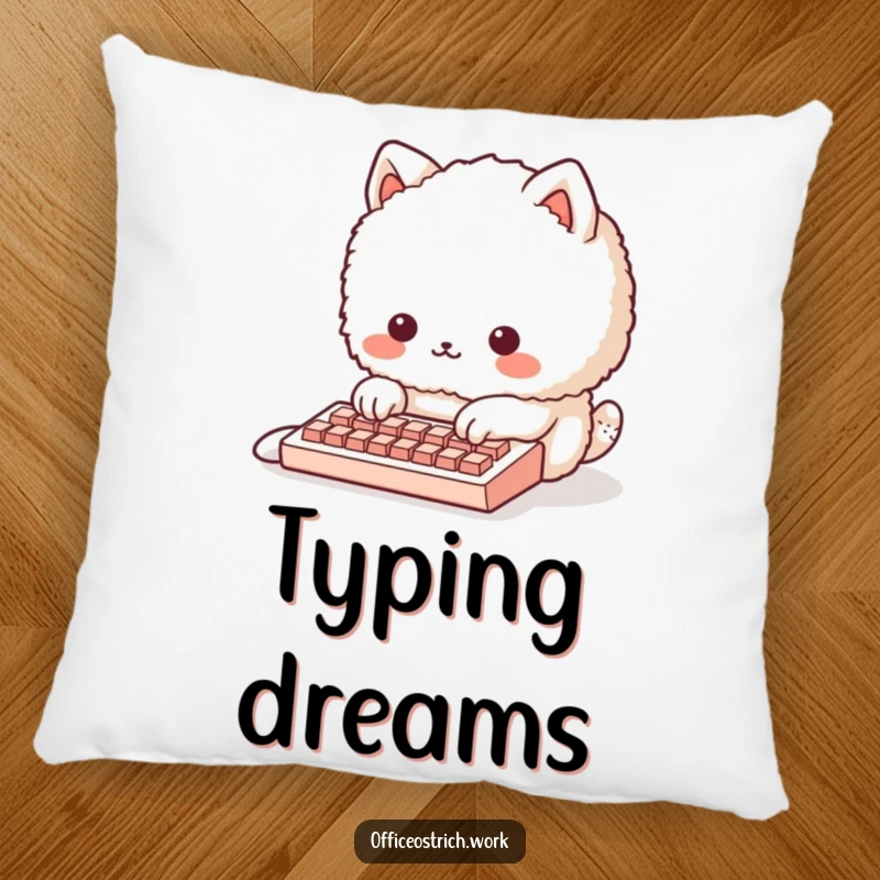 Funny fluffy round animal character with paws on a tiny keyboard, on a soft and plush pillow. Adds cozy humor to any room.