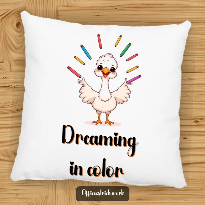 Funny cheerful ostrich juggling pens, this soft pillow brings artistic flair and humor to your seating.