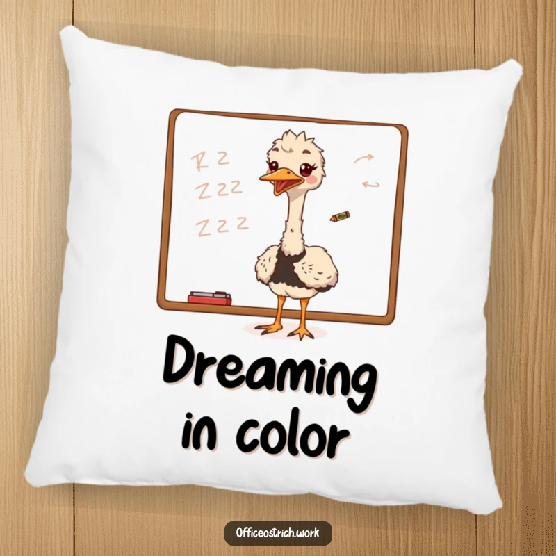 Funny ostrich excitedly scribbling on a whiteboard with a tiny crayon, adding creative quirkiness to this humorous pillow.