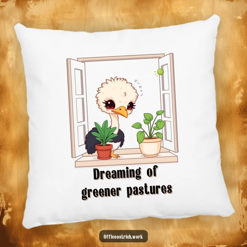 Funny pillow featuring a curious ostrich character sniffing a plant, adding a touch of whimsy and comfort to your home.