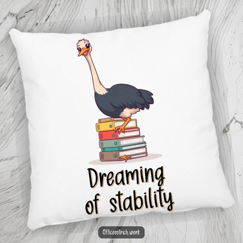 Funny ostrich napping on a pile of files on a soft, plush pillow, offering comfort and humor.