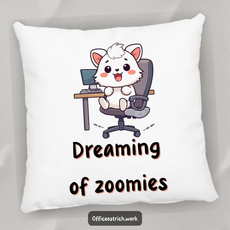 Funny cheerful fuzzy round animal character zooming on an office chair, on a soft and plush pillow. Adds fun and comfort to any space.