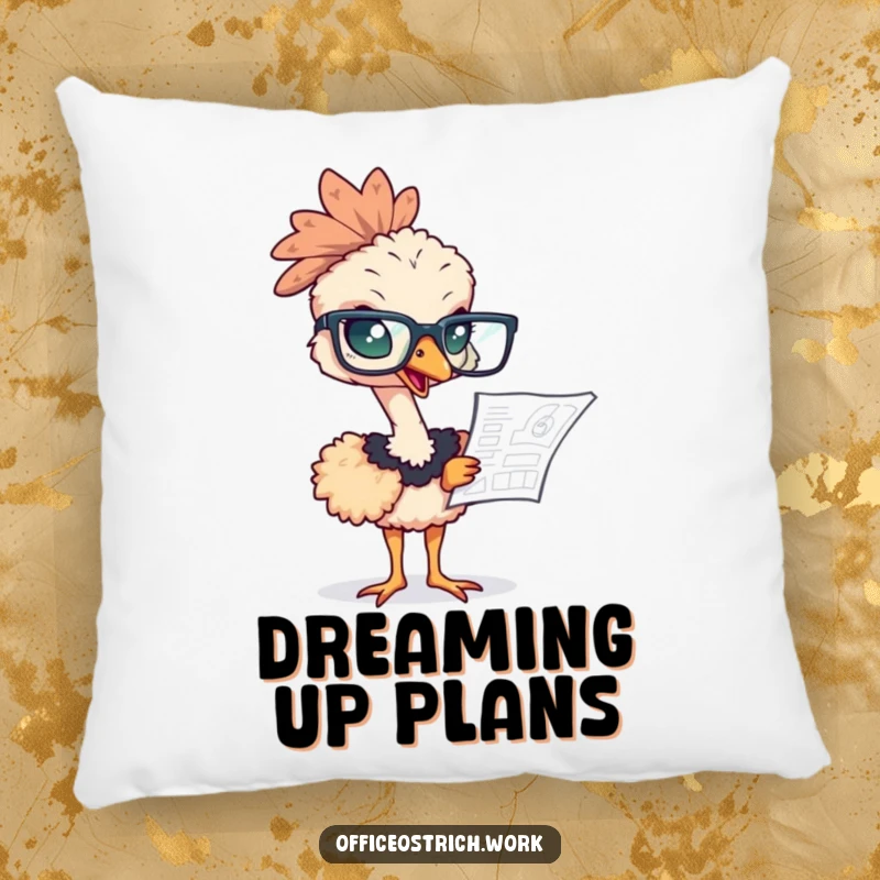 Funny ostrich wearing oversized glasses, studying a blueprint on a soft pillow, perfect for cozy focus.