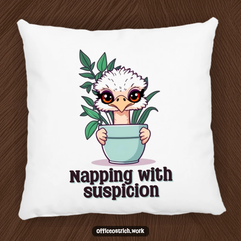 Funny ostrich peeking from behind a potted plant on a soft pillow, its mischievous eyes inviting a smile.
