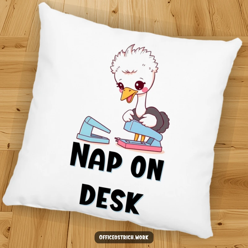 Funny pillow design with a cute ostrich character playfully pecking at a desk stapler, adding comfort and humor to any seating area.